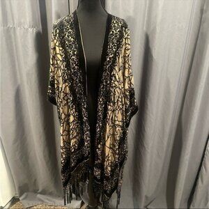Vintage rose silk rayon black tan floral velvet beaded lace, kimono one size